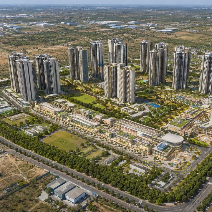 Brigade Innovation Gardens aerial view - 75.04-acre township in KIADB Aerospace Park Phase 2, Devanahalli