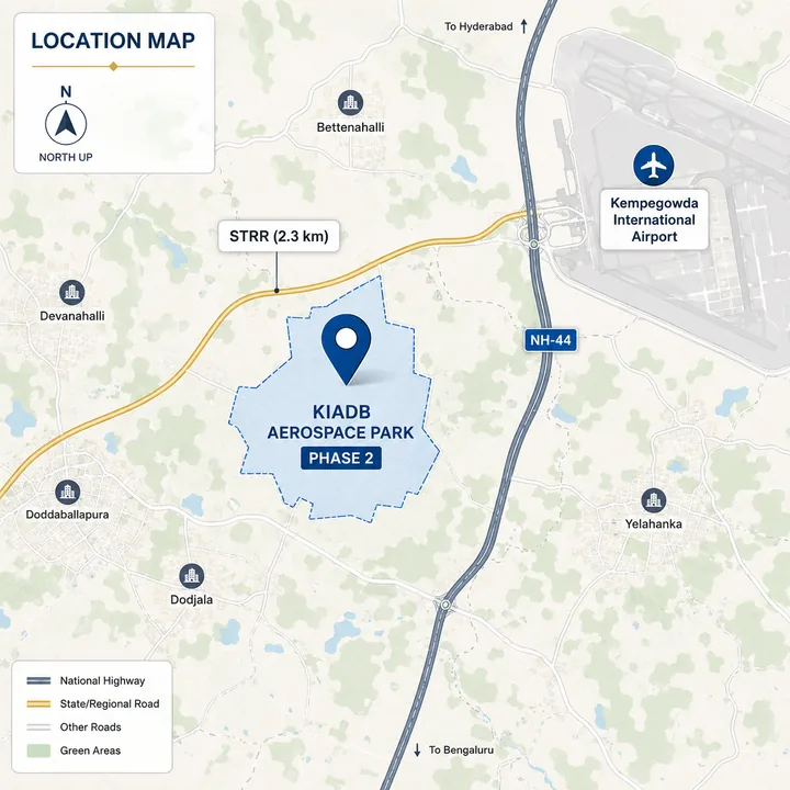 Brigade Innovation Gardens location map showing KIADB Aerospace Park Phase 2, the Satellite Town Ring Road, NH-44 and Kempegowda International Airport