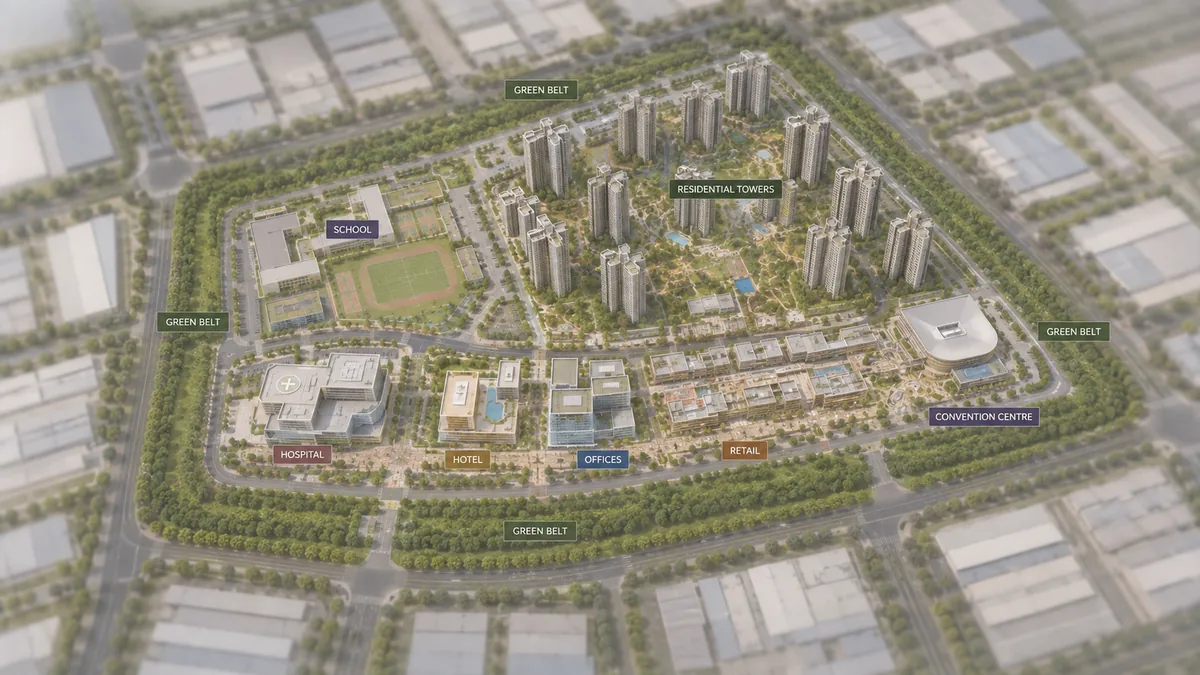 Brigade Innovation Gardens master plan site layout showing the residential tower cluster, the hospital and hotel precinct, the office, retail and convention blocks, the school parcel and the perimeter green belt